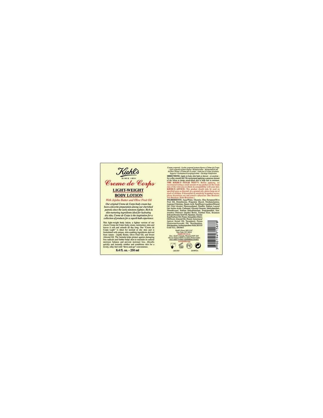 Kiehl's - Creme de corps light - weight body lotion 250ml - Coltelleria Lorenzi Milano