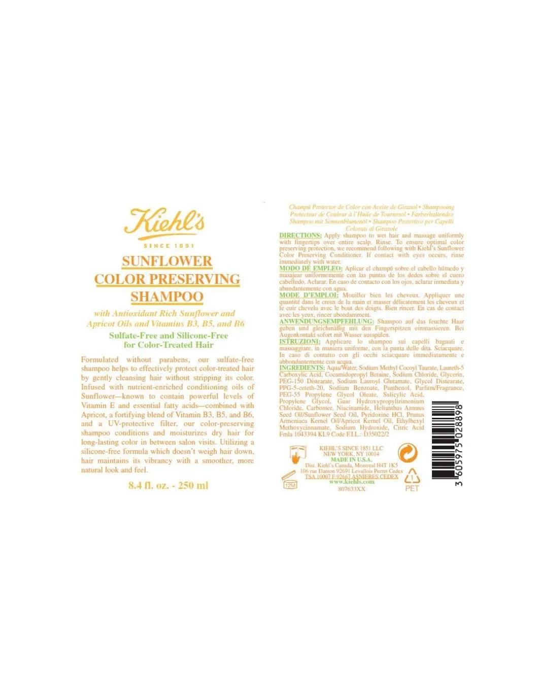 Kiehl's - Sunflower Color Preserving Shampoo 250 ml - Coltelleria Lorenzi Milano